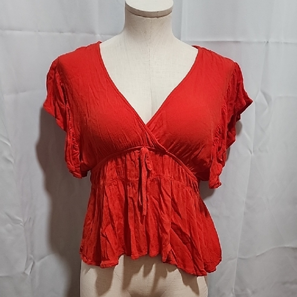 Red Women's V-Neck Top